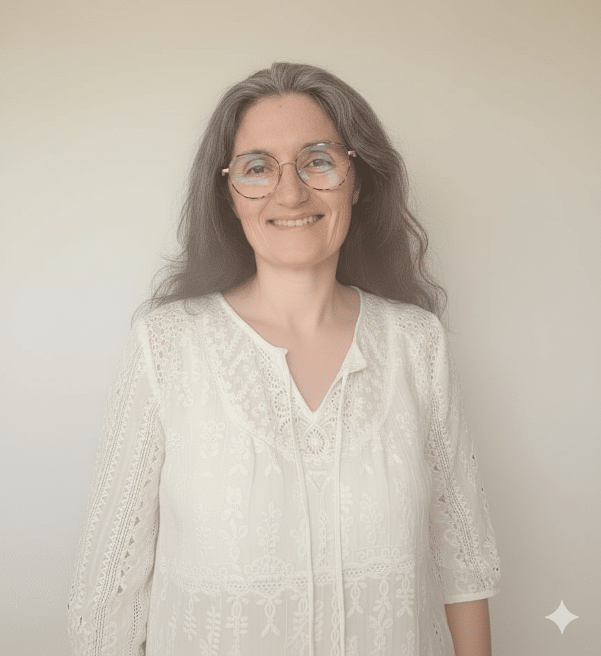 Line Delbosc thérapeute Line Delbosc, thérapeute énergétique et coach à Montrabé près de Toulouse, fondatrice de Respect et Bien-être, portrait souriant en blouse blanche.